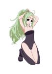  1girl absurdres alternate_costume alternate_eye_color baby_(dragon_ball) bare_arms bare_shoulders blank_eyes blue_eyes corruption crossover dark_persona dragon_ball dragon_ball_gt facial_mark fire_emblem fire_emblem_awakening green_hair hairband highres kneeling long_hair looking_at_viewer manakete mouth_hold nowi_(fire_emblem) pointy_ears possessed ravensama1 smile thighs tying_hair white_background 