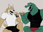  2021 anthro bottomwear canid canine clothing drunk duo hi_res k0bit0wani male mammal reptile scalie shirt shorts simple_background substance_intoxication topwear white_background 