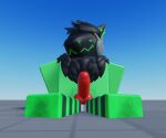  3d_(artwork) anthro black_body black_fur clothing digital_media_(artwork) fur genitals hands_behind_back hoodie knot lol_comments low_res machine male model penis protogen red_penis roblox sitting solo topwear unknown_artist 