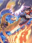  2boys :q aerodactyl bangs black_hair blue_oak boots breathing_fire brown_footwear brown_hair charizard city clenched_hands closed_mouth commentary_request fire gen_1_pokemon gloves grey_headwear grey_pants hat highres jacket kibisakura2 male_focus multiple_boys outdoors pants pokemon pokemon_adventures purple_shirt red_(pokemon) red_scarf riding_pokemon scarf shirt smile spiked_hair tongue tongue_out white_footwear white_gloves 