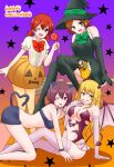  4girls aho_no_sakata animal_costume animal_ears bat_wings blonde_hair brown_hair candy cat_costume cat_ears demon_costume food green_eyes halloween halloween_bucket halloween_costume hat highres long_hair multiple_girls niconico pumpkin purple_eyes purple_hair red_hair rummy_73 sakako_(aho_no_sakata) senko_(urashimasakatasen) senra_(singer) shima_(niconico) shimako_(urashimasakatasen) short_hair twintails urako_(uratanuki) urashimasakatasen uratanuki utaite_(singer) wings witch witch_hat yellow_eyes 