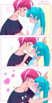  ... 2girls ahoge blue_eyes blue_hair blush closed_eyes commentary_request hagoromo_lala height_difference highres hoshina_hikaru juugoya_neko kiss long_hair looking_at_another multicolored_hair multiple_girls older pink_hair pointy_ears precure short_hair spoken_ellipsis star_twinkle_precure streaked_hair translation_request twintails white_hair yuri 