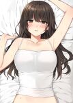  1girl animal_ears arm_up armpits bangs blunt_bangs blush breasts brown_eyes brown_hair cameltoe canape_(canape0130) collarbone commentary_request earrings eyebrows_visible_through_hair highres jewelry korean_commentary large_breasts long_hair medium_breasts original parted_lips pillow pillow_grab solo stud_earrings sweat upper_body wolf_ears 