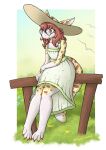  5_toes anthro azural_cobaltros barefoot clothed clothing dress eublepharid eyewear feet female frawli fully_clothed gecko glasses hat headgear headwear hi_res invalid_tag leopard_gecko lizard reptile scalie sitting smile solo spots sundress toes 