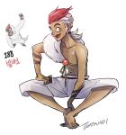  1boy :d artist_name dark-skinned_male dark_skin fangs gen_3_pokemon long_hair looking_at_viewer navel number open_mouth personification pokedex_number pokemon red_hair simple_background sitting smile solo tamtamdi toned vigoroth white_background white_hair 