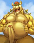  2020 anthro avoid_posting barazoku belly big_belly big_muscles big_penis bodily_fluids bowser claws cloud cum erection eyebrows foreskin genital_fluids genitals hair hand_on_stomach horn humanoid_genitalia humanoid_penis koopa looking_at_viewer male mario_bros musclegut muscular muscular_anthro muscular_male nintendo nipples open_mouth open_smile outside overweight overweight_anthro overweight_male pecs penis ragnarokdragon scalie sharp_teeth shell sky smile solo spiked_shell spikes spikes_(anatomy) teeth uncut video_games 