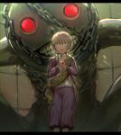  1boy blindfold chain chained commentary emil_(nier) glowing glowing_eyes halua hands_together highres jacket letterboxed light_brown_hair nier nier_(series) open_clothes open_jacket pants parted_lips penguu_(green528) puffy_pants purple_jacket purple_pants red_eyes sash short_hair siblings spoilers teeth 