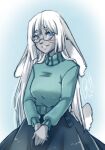  alexis_watterson anthro blue_eyes bottomwear clothing cute_expression eyewear female glasses hair lagomorph leporid lips long_hair mammal mother mute parent pink_lips rabbit roxyhana scar shy size_difference skirt slim smaller_female solo sweater topwear white_hair 