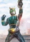  1boy black_gloves cloud electricity gloves green_eyes gun highres holding holding_gun holding_weapon kamen_rider kamen_rider_kuuga kamen_rider_kuuga_(series) looking_up male_focus open_hand power_armor sky solo tokusatsu v-fin weapon yygnzm 