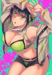  1girl bangs bare_shoulders belt bikini black_hair black_shorts breasts bun_cover chainsaw_of_the_dead cleavage collarbone double_bun fate/grand_order fate_(series) green_bikini green_eyes green_ribbon hair_ribbon hands_up jacket large_breasts long_sleeves looking_at_viewer navel open_clothes open_jacket open_mouth qin_liangyu_(fate) ribbon short_shorts shorts sidelocks swimsuit thighs white_jacket yuuzuki230 