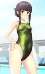  1girl absurdres alternate_hairstyle bangs black_eyes black_hair blue_sky blunt_bangs braid breasts clothes_writing cloud commentary_request competition_swimsuit covered_navel cowboy_shot day fence green_swimsuit hand_on_hip highres kantai_collection kitakami_(kancolle) long_hair one-piece_swimsuit outdoors sidelocks single_braid sky small_breasts solo swimsuit takafumi tied_hair 