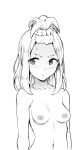  1girl bangs_pinned_back blush closed_mouth completely_nude geewhy greyscale hair_ornament hair_scrunchie highres long_hair looking_at_viewer monochrome navel nipples nude okada_akane scrunchie simple_background solo topknot watashi_ga_motenai_no_wa_dou_kangaetemo_omaera_ga_warui! white_background 