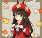  animal animal_ears azur_lane backpack bag bag_charm bangs bird black_hair blush cabbie_hat charm_(object) chick closed_mouth commentary_request cosplay dress ears_through_headwear eyebrows_visible_through_hair feathers flying_sweatdrops fox_ears genshin_impact hands_up hat hat_feather holding_strap klee_(genshin_impact) klee_(genshin_impact)_(cosplay) kuno_misaki long_hair long_sleeves manjuu_(azur_lane) miicha nagato_(azur_lane) red_dress red_headwear seiyuu_connection twitter_username upper_body very_long_hair wavy_mouth white_feathers yellow_eyes 
