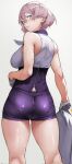  1girl absurdres ass back bangs bare_shoulders blue_eyes breasts gloves gridman_universe highres jacket jacket_removed leotard light_brown_hair looking_at_viewer looking_back mujina purple_leotard short_hair ssss.dynazenon thighs white_gloves white_jacket yoshio_(55level) 