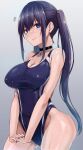  1girl ^^^ black_hair black_swimsuit blue_eyes breasts cleavage collarbone commentary_request competition_swimsuit cowboy_shot gradient gradient_background grey_background hands_clasped highleg highleg_swimsuit hiruno large_breasts looking_at_viewer mole mole_under_eye nail_polish one-piece_swimsuit original own_hands_together ponytail solo swimsuit wet wet_clothes wet_swimsuit 