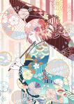  1girl ahoge closed_eyes fate/grand_order fate_(series) floral_background floral_print flower hair_flower hair_ornament highres japanese_clothes kimono mosucchi oil-paper_umbrella okita_souji_(fate) okita_souji_(fate)_(all) pink_hair profile smile umbrella wide_sleeves 