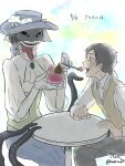  black_eyes clothing dessert duo eating female food footman_(guchiyama) furniture guchiyama hat headgear headwear human humanoid ice_cream male mammal monster sharp_teeth skeletal table teeth tentacles the_unusual_witch_(guchiyama) white_body white_skin 