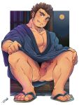  1boy :q ass bar_censor bara blue_kimono blush brown_hair censored erection erection_under_clothes facial_hair goatee highres houzouin_oniwaka japanese_clothes kimono kimono_pull leg_hair long_sideburns looking_at_viewer male_cleavage male_focus male_pubic_hair mature_male moon muscular muscular_male naked_kimono pectorals penis pubic_hair reward_available sandals scar_on_forehead short_hair sideburns sitting solo thick_eyebrows thighs tokyo_houkago_summoners tongue tongue_out tptptpn 