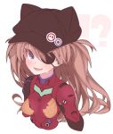  !? 1girl :d animal_ears animal_hat badge black_headwear blue_eyes blush bodysuit breasts brown_hair button_badge cabbie_hat cropped_torso evangelion:_3.0_you_can_(not)_redo eyepatch fake_animal_ears hat long_hair looking_at_viewer neon_genesis_evangelion open_mouth plugsuit rebuild_of_evangelion red_bodysuit rikumaru simple_background small_breasts smile solo souryuu_asuka_langley sweat upper_body white_background 