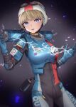  1girl apex_legends armor bangs black_bodysuit blonde_hair blue_eyes blue_gloves bodysuit breastplate breasts electricity gloves goggles goggles_on_headwear helmet highres looking_at_viewer medium_breasts open_hands open_mouth rica scar scar_on_cheek scar_on_face science_fiction solo wattson_(apex_legends) white_headwear wired_for_speed_wattson 