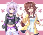  2girls :3 :d ahoge animal_collar animal_ear_fluff animal_ears arm_at_side baggy_pants bangs black_collar black_hoodie blue_bow blush bone_hair_ornament bow bracelet braid brown_eyes brown_hair buttons cartoon_bone cat_ears cat_girl cat_tail closed_mouth collar collarbone commentary cowboy_shot crop_top crossed_bangs dog_ears dog_girl dog_tail drawstring dress eyebrows_visible_through_hair fangs fingers_together hair_between_eyes hair_ornament hairclip happy highres hololive hood hood_down hoodie inugami_korone jacket jewelry long_hair long_sleeves looking_at_viewer low_twin_braids midriff multiple_girls navel nekomata_okayu off_shoulder onigiri_print open_clothes open_jacket open_mouth pants paw_print paw_print_background pink_background pontasu print_hoodie purple_eyes purple_hair red_bow red_collar short_dress short_hair side-by-side sleeves_past_wrists smile standing strap sweatpants tail twin_braids two-tone_background virtual_youtuber white_background white_dress white_pants yellow_jacket 