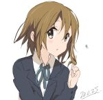  1girl :o alternate_hairstyle bangs blue_jacket blue_ribbon blush brown_eyes brown_hair collared_shirt commentary_request core_(mayomayo) dated hair_between_eyes hair_twirling hand_in_hair hand_up highres jacket k-on! looking_at_viewer neck_ribbon parted_lips ribbon sakuragaoka_high_school_uniform school_uniform shirt short_hair simple_background solo tainaka_ritsu upper_body white_background white_shirt 
