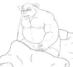  2021 anhrmgzo anthro bed bedding belly blanket clothing eyewear furniture glasses humanoid_hands kemono leib_(tas) male mammal moobs nipples overweight overweight_anthro overweight_male pillow polar_bear sitting solo tokyo_afterschool_summoners underwear ursid ursine video_games 