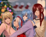  4girls alternate_hairstyle annlu_vazzel bangs blonde_hair blue_hair blurry blurry_background braid brown_eyes brown_sweater christmas_ornaments christmas_tree closed_mouth depth_of_field earrings erza_scarlet fairy_tail hair_over_one_eye hairband highres indoors jewelry levy_mcgarden long_hair lucy_heartfilia multiple_girls one_eye_closed pout red_hairband red_sweater smile sweater twin_braids upper_body wendy_marvell 