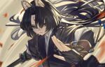  1girl animal_ears arknights bangs black_gloves black_hair black_kimono chinese_commentary commentary_request dog_ears facial_mark fingerless_gloves forehead_mark gloves hair_over_one_eye holding japanese_clothes kimono lanzi_(415460661) long_hair long_sleeves looking_at_viewer looking_up parted_lips saga_(arknights) signature solo tagme upper_body very_long_hair weapon 
