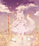  1girl animal_ears blush bone bow bowtie cloud coco_(hinatacoco) cup dress grass large_tail long_hair original outdoors pillow purple_eyes short_sleeves sky solo standing standing_on_one_leg star_(sky) tail teacup teapot tray very_long_hair white_dress white_legwear 