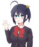  1girl :o ahoge bad_anatomy bangs black_hair black_jacket blue_eyes blush bow chuunibyou_demo_koi_ga_shitai! commentary_request gunu_(nyzn3223) hair_between_eyes hair_ribbon hand_up highres icho_private_high_school_uniform jacket long_sleeves looking_at_viewer no_eyepatch one_side_up open_mouth red_bow ribbon school_uniform short_hair simple_background solo takanashi_rikka upper_body white_background yellow_ribbon 