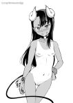  1girl alternate_costume asymmetrical_bangs bangle bangs blush bracelet breasts choker completely_nude contrapposto demon_girl demon_horns demon_tail fingernails geewhy greyscale grin hand_on_hip highres horns ijiranaide_nagatoro-san jewelry long_hair looking_at_viewer monochrome nagatoro_hayase navel nipples nose_blush nude one-piece_tan pointy_ears pussy raised_eyebrow scrunchie sharp_fingernails small_breasts smile solo tail tan tanline thigh_gap uncensored wrist_scrunchie 