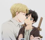  2boys black_hair blonde_hair blush brothers cheek_kiss closed_mouth eren_yeager green_eyes jacket kiss male_focus multiple_boys shingeki_no_kyojin shirt short_hair siblings upper_body white_shirt yeager2333 younger zeke_yeager 