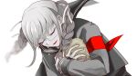  1girl armband bangs blonde_hair braid colored_skin danganronpa_(series) danganronpa_2:_goodbye_despair glasses grey_hair grey_skin grey_theme happy hug kuzuryuu_fuyuhiko long_hair long_sleeves open_mouth pekoyama_peko red_armband short_hair simple_background smile teardrop twin_braids upper_body very_short_hair white_background yamagishi-sota 