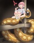  1girl :o ^^^ bag_of_chips bangs blue_hair blush bottle breasts check_commentary chips commentary_request covered_nipples crop_top eyebrows_visible_through_hair food gradient_hair hair_between_eyes holding holding_bottle holding_food kirisaki_byakko lamia large_breasts leaning_back looking_at_viewer monster_girl multicolored_hair navel open_mouth original pillar pink_hair pointy_ears shadow shirt short_hair short_sleeves sidelocks signature sitting slit_pupils snack solo stomach t-shirt tail tail_hold two-tone_hair underboob water_bottle white_shirt yellow_eyes 