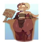  absurd_res anthro bodily_fluids brown_body clothed clothing english_text female flat_chested hi_res kobold piko solo stuck sweat text thick_thighs trinity-fate62 wide_hips 