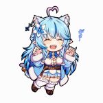  1girl ^_^ ahoge animal_ear_fluff animal_ears bangs bell belt blue_hair blue_nails blue_neckwear blue_skirt blush boots bow bowtie braid brown_belt brown_footwear cat_ears cat_girl cat_tail center_frills chibi claw_pose closed_eyes colored_tips elf fingernails flower frilled_shirt frilled_skirt frills full_body fur-trimmed_boots fur_trim hair_between_eyes hair_flower hair_ornament half_updo heart_ahoge hololive leather_belt long_hair miloku miniskirt multicolored_hair nail_polish open_mouth pleated_skirt pointy_ears shirt simple_background skirt smile snowflake_hair_ornament solo standing standing_on_one_leg streaked_hair tail tail_bell tail_ornament very_long_hair virtual_youtuber white_background white_legwear white_shirt yellow_eyes yukihana_lamy |d 