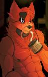  2019 abs animatronic anthro areola biceps biped black_areola black_nipples black_nose black_sclera canid canine canis cheek_tuft chest_tuft clothed clothing digital_media_(artwork) eye_patch eyewear facial_tuft five_nights_at_freddy&#039;s fox foxy_(fnaf) fur glistening glowing glowing_eyes gold_(metal) gold_tooth hi_res hook hook_hand machine male mammal metal muscular muscular_anthro muscular_male nipples pecs red_body red_fox red_fur robot signature smile solo teeth topless topless_male tuft video_games white_eyes xeno1805 