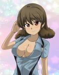  1girl abimaru_gup aoshidan_school_uniform bangs blue_shirt breasts brown_eyes brown_hair cleavage closed_mouth collared_shirt commentary dark-skinned_female dark_skin eyebrows_visible_through_hair girls_und_panzer hand_in_hair large_breasts looking_at_viewer medium_hair multicolored multicolored_background partially_unbuttoned school_uniform shirt short_sleeves smile solo suspenders twitter_username unbuttoned unbuttoned_shirt upper_body viridiana_(girls_und_panzer) wing_collar 