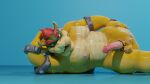  3d_(artwork) anthro bowser digital_media_(artwork) hi_res koopa looking_at_viewer lying male mario_bros musclegut muscular muscular_anthro muscular_male nintendo nude oiled_body on_side pose reptile scalie simple_background smile smirk solo tippytaps turtle video_games wet wet_body 