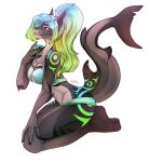  2020 5_fingers anthro aurora_(kamikazekit) bikini black_sclera blue_eyes blue_hair blue_markings breasts clothing digital_media_(artwork) eyebrows feet female fin fingers fish green_body green_eyes green_hair green_markings green_skin hair hand_on_chest hand_on_knee hand_on_leg hi_res kristiana_puff long_hair looking_at_viewer marine markings multicolored_bikini multicolored_clothing multicolored_hair multicolored_markings multicolored_swimwear non-mammal_breasts shark simple_background smile solo swimwear toes 