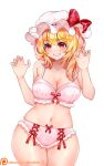  1girl blonde_hair bow bow_bra bow_panties bra breasts commentary cross-laced_clothes cross-laced_panties crystal english_commentary eyebrows_visible_through_hair fang flandre_scarlet frilled_bra frilled_panties frills grin hands_up hat hat_bow highres large_breasts lingerie looking_at_viewer medium_hair mob_cap navel no_wings older one_side_up panties parted_lips patreon_logo patreon_username pink_bra pink_panties red_bow red_eyes red_ribbon ribbon side_ponytail simple_background smile sumisumii touhou underwear watermark web_address white_background wings 