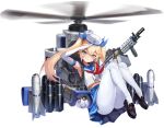  1girl armpits bangs blue_sailor_collar blue_skirt blush elbow_gloves gloves grin gun hair_between_eyes hair_ribbon hat highres last_origin loafers looking_at_viewer machine_gun mh-4_thetis midriff missile mr.yun official_art pantyhose pleated_skirt propeller ribbon sailor sailor_collar sailor_hat salute shoes skirt smile solo striped tachi-e transparent_background twintails weapon white_legwear 