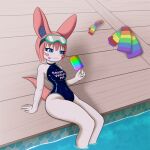  animal_humanoid anthro blue_eyes blush breasts clothed clothing dessert dutchsyndicalist eyewear female food goggles hair hi_res humanoid ice_cream lagomorph lagomorph_humanoid mammal mammal_humanoid multicolored_clothing pink_hair poolside popsicle rainbow_clothing rubber sitting solo swimming_pool swimwear text text_on_clothing water 