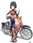  1girl :d absurdres artist_name bangs black_hair blush bodysuit boots breasts brown_eyes carrying_under_arm commentary eyebrows_visible_through_hair gar32 hand_up headwear_removed helmet helmet_removed highres honda honda_super_cub koguma_(super_cub) long_sleeves looking_at_viewer open_mouth red_bull shadow short_hair signature small_breasts smile solo super_cub v white_background white_footwear 