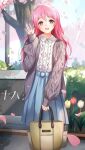  1girl :d bag bangs blue_skirt cardigan cherry_blossoms collared_shirt day doukyuusei_2 doukyuusei_another_world dress_shirt eyebrows_visible_through_hair flower game_cg grey_cardigan hair_between_eyes hair_down holding holding_bag katou_minori long_hair long_sleeves looking_at_viewer medium_skirt no_eyewear official_art open_cardigan open_clothes open_mouth outdoors pink_hair pleated_skirt red_eyes red_flower shiny shiny_hair shirt skirt sleeves_past_wrists smile solo standing straight_hair tulip very_long_hair white_flower white_shirt wing_collar yellow_flower 