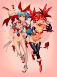  2girls bat_wings blue_hair choker closed_mouth demon_girl demon_tail demon_wings disgaea doyora earrings elbow_gloves etna flat_chest gloves hair_ribbon hairband jewelry looking_at_viewer multiple_girls navel open_mouth pleinair pointy_ears red_eyes red_hair ribbon short_hair simple_background skull_earrings smile tail thighhighs twintails white_legwear wings 