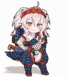  1girl ahoge animal_ears armor bandaged_arm bandages bangs blush breasts chibi closed_mouth full_body grey_eyes hair_between_eyes hairband hand_on_hip hololive large_breasts lion_ears long_hair miloku monster_hunter_(series) monster_hunter_rise red_hairband scales shishiro_botan sidelocks silver_hair simple_background smile solo two_side_up virtual_youtuber white_background 