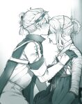  1boy 1girl bandaged_arm bandages blush braid closed_eyes forehead_kiss from_side funa2001 hair_ornament highres kaine_(nier) kiss monochrome nier nier_(series) nier_(young) sweatdrop upper_body 