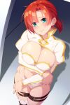  1girl 846-gou absurdres bangs bikini blush boudica_(fate) breasts cleavage fate/grand_order fate_(series) green_eyes highres large_breasts long_sleeves looking_at_viewer navel o-ring red_hair short_hair short_ponytail shrug_(clothing) swimsuit thigh_strap thighs white_bikini 